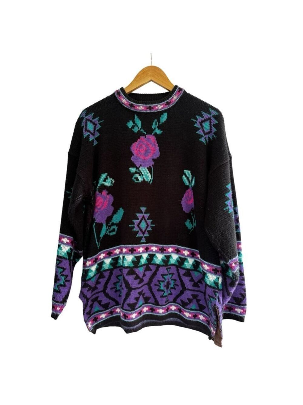 Vintage 90s Southwestern Floral Knit Sweater Bold Pattern